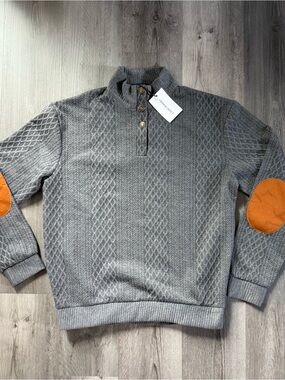 Classic Gray Knit Quarter Button Pullover Sweater with Elbow Patches
